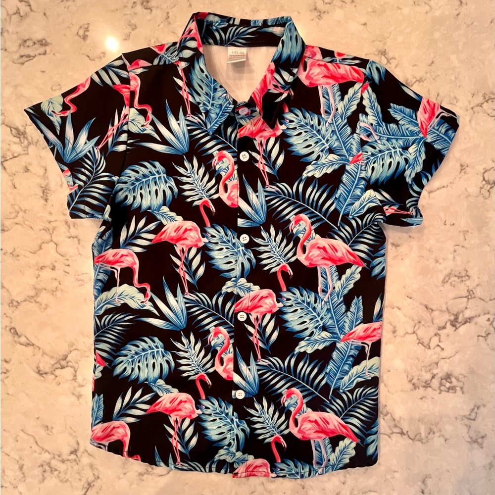 Boys M Black, Blue and Pink Flamingo Button-Down Shirt
